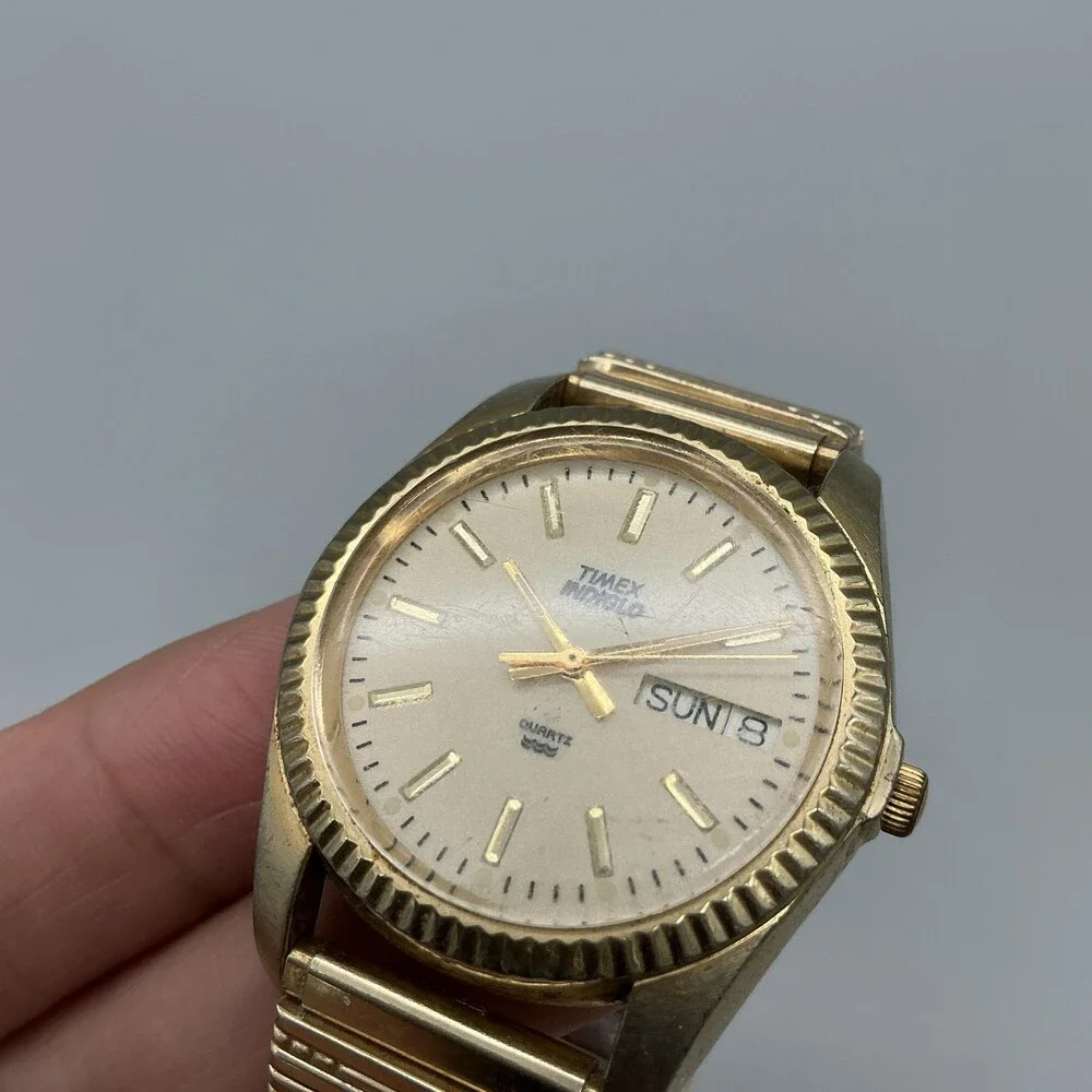Vintage Timex Indiglo WR 30M Mens Watch 34mm Gold Tone Day Date New Battery